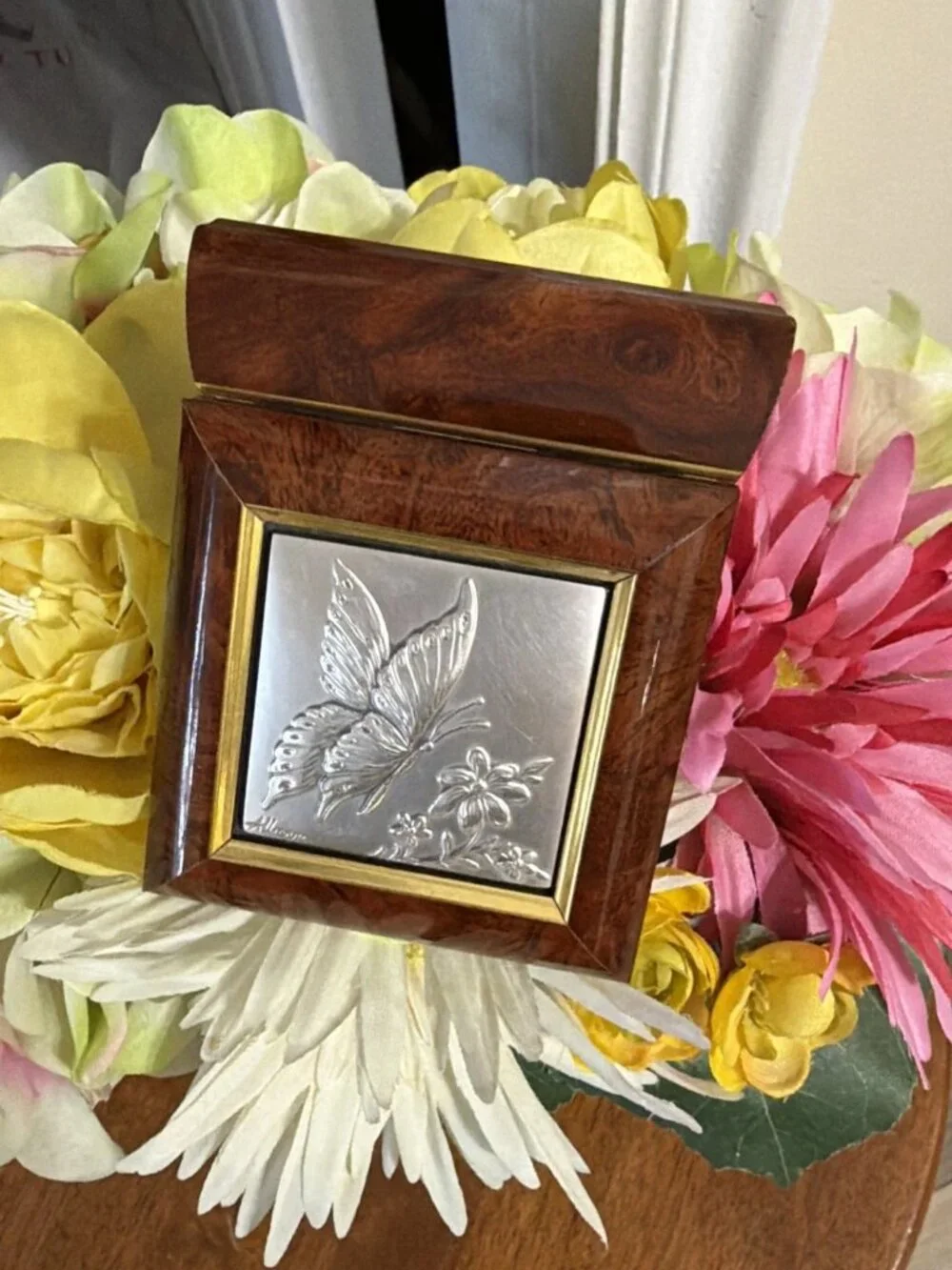Alliani Handcrafted Solid Wood Box With .925 Sterling Silver Embossed Butterfly